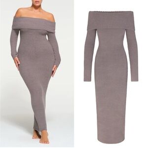 SKIMS Off-Shoulder Long Sleeve Dress - Taupe